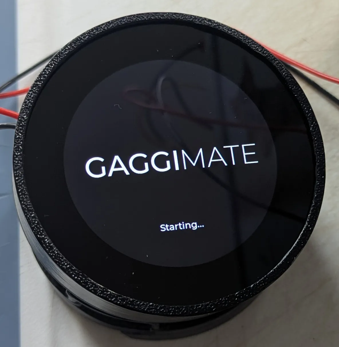 Screen has 2 text lines, first showing the GaggiMate logo. Second saying "Starting..."