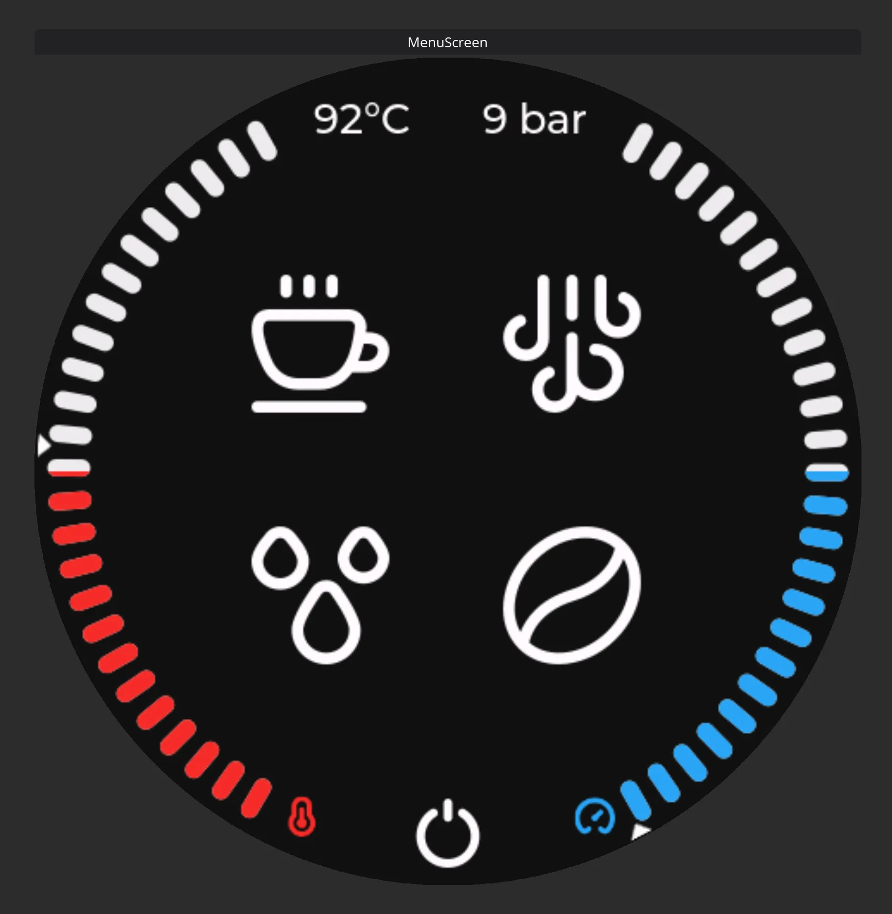 Main menu, showing pressure and temperature gauges, and 4 menu items. Brew, steam, water and grind.