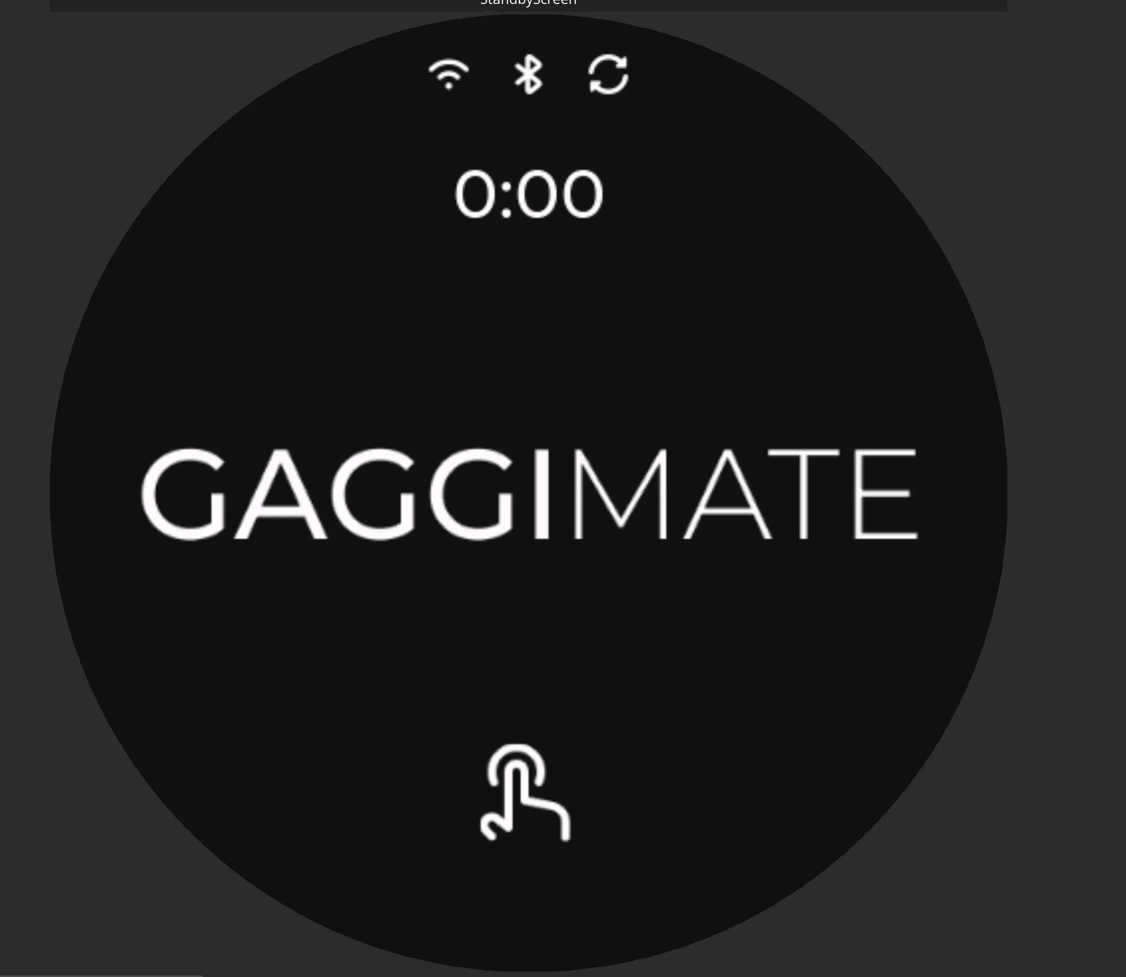 Standby screen, showing 3 logos explained below, a clock, the GaggiMate logo and a touch symbol.