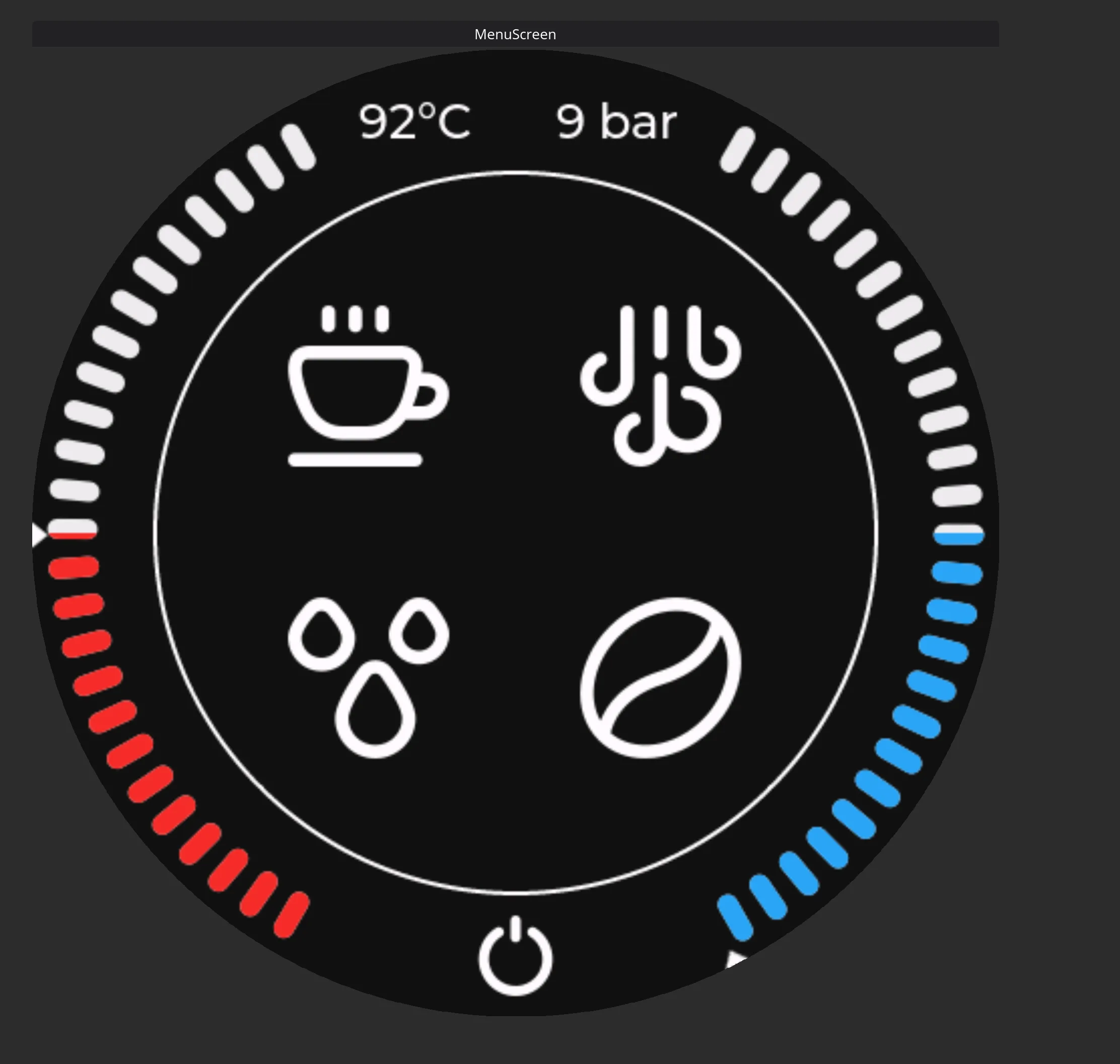 Main menu, showing pressure and temperature gauges, and 4 menu items. Brew, steam, water and grind.