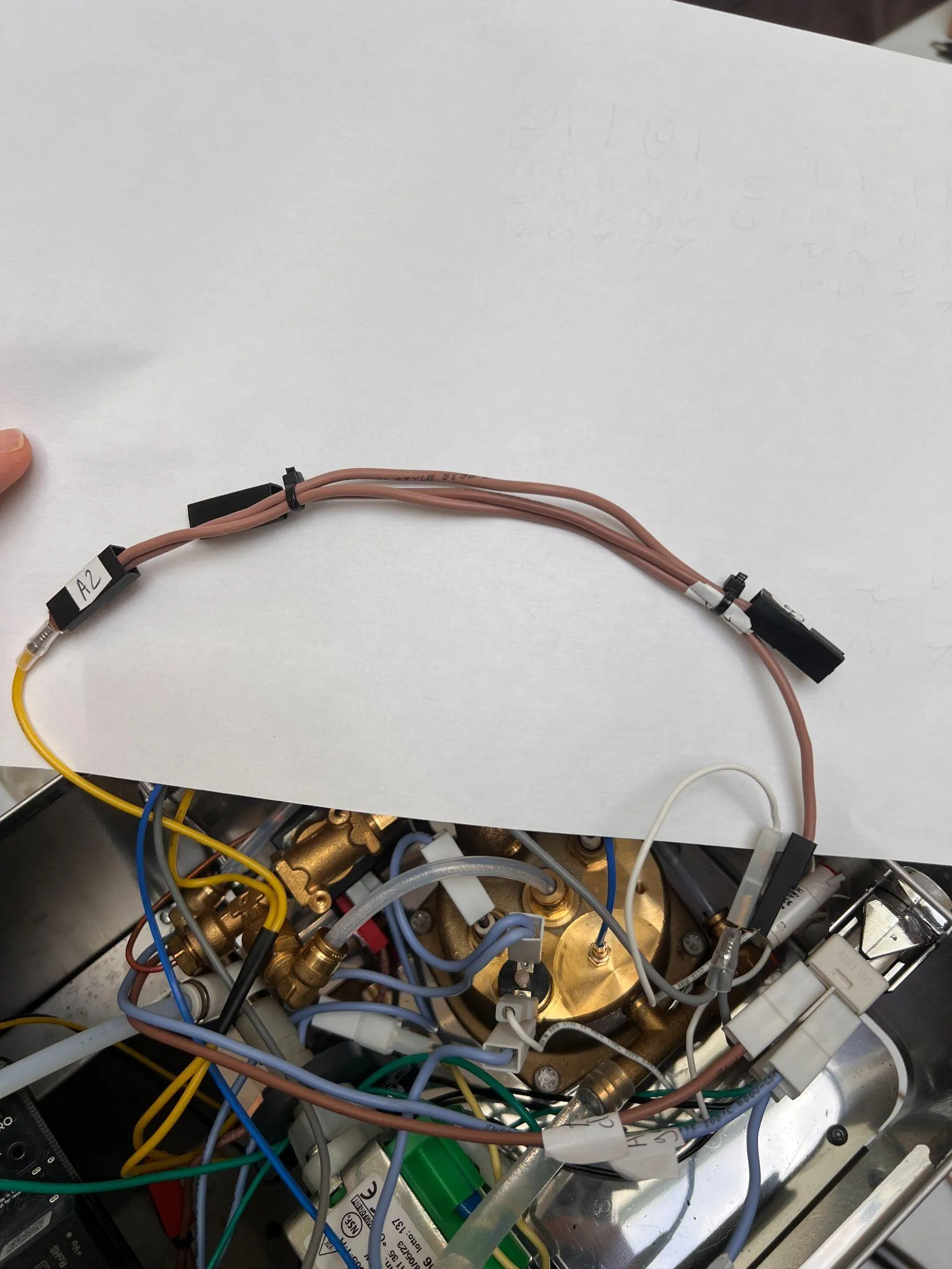 Yellow Heater-to-SSR cable from the boiler heater terminal to one OUTPUT terminal of the SSR