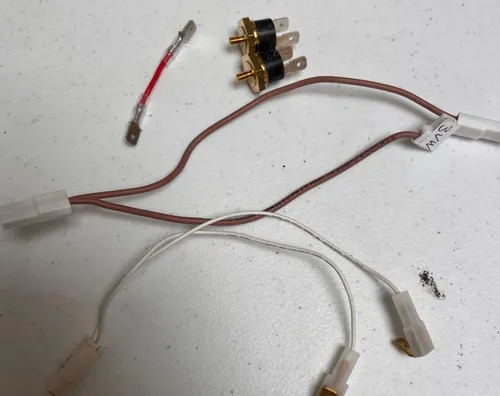 Lelit Anna harness after Step 1: ready light disconnected, both thermostats removed, Steam and Coffee buttons disconnected, original 3-way valve cable fully removed
